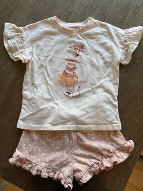 next Light Pink Ruffle Short Set with Girl & Bunny Graphic